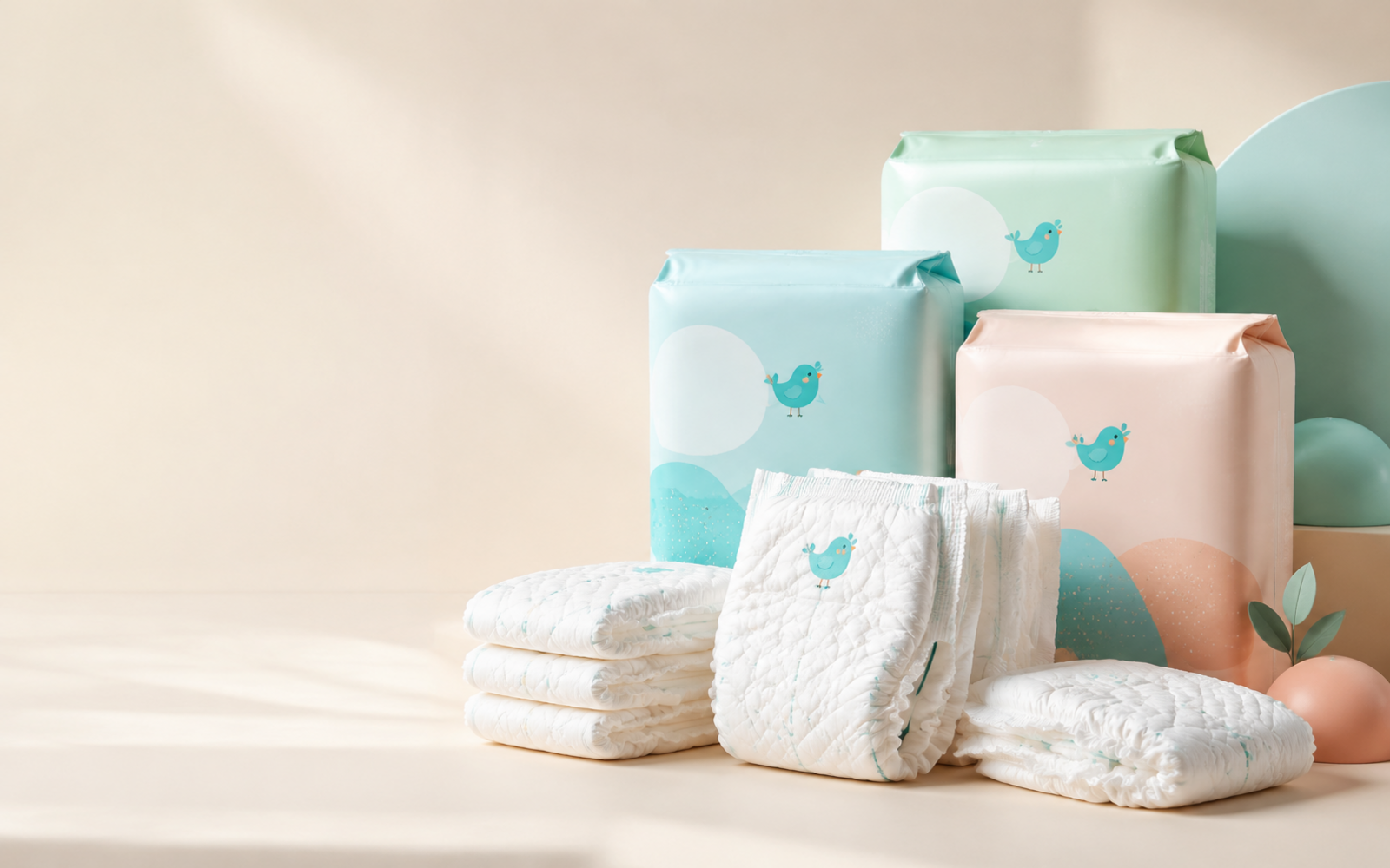 Pastel baby diaper packs and soft white diapers for wholesale supply